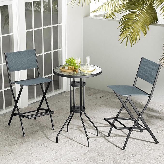 COSTWAY Outdoor Patio Bar Chair Set of 4, Folding Bar Height Stool with Metal Frame & Footrest, Patio Bar Stool for Balcony, Garden & Poolside (4, Blue)