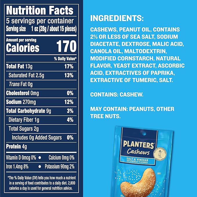 PLANTERS Cashews Salt & Vinegar - Trail Mix Snack Packs - Snacks, Snack Pack, Party Trail Mix, 5 Oz Bag, 1 Pack