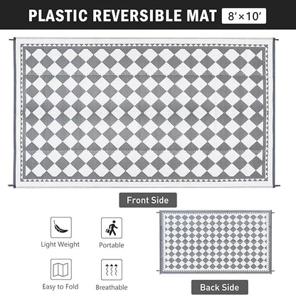 HUGEAR Outdoor Waterproof Rug 8'x10' Plastic Straw Rugs Washable Reversible Floor Mat Grey Plaid Carpet for Camping RV Deck Entryance Porch Picnic Balcony Beach Backyard