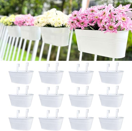 LaLaGreen Rail Planter Outdoor Plants (11.8 Inch, 12 Pack) White Metal Iron Hanging Flower Pots Deck Railings Fence Buckets Modern Countryside Boho Style Wall Mount Window Box Holder Hooks Porch Decor