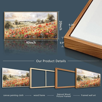 QIYILEXWART Canvas Wall Art For Living Room Wall Decor For Bedroom Office Wall Decoration Red Blooms Field Landscape Painting Farmhouse Pictures Artwork Room Aesthetic Home Decor 20x40 In