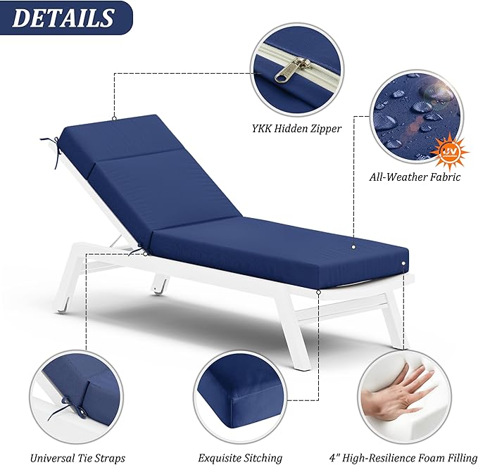 Chaise Lounge Cushion for Outdoor Furniture, Waterproof Fade and Tear Resistant Lounge Deck Chair Cushions for Patio Lawn Pool Resort Hotel
