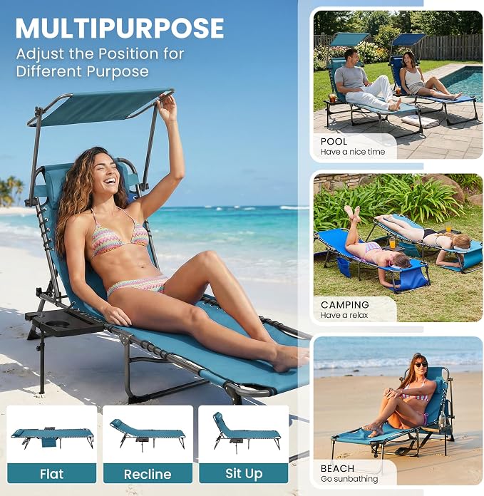 FUNDANGO 400lbs Heavy Duty Tanning Chair with Face Hole & Canopy, Cyan | Face Hole & Canopy, 400lbs Capacity, Side Table, 5-Position Sun Lounger, Anti-Pinch Safety Lock