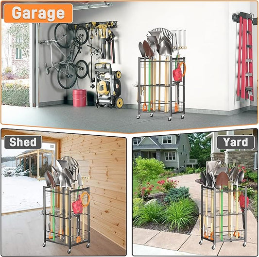 TORACK Garden Tool Stand with Wheels, Rakes Shovels Holder Yard Tools Organizer for Garage, Garden, Shed Indoor/Outdoor Long-Handled Tools Cart(Tool stand)