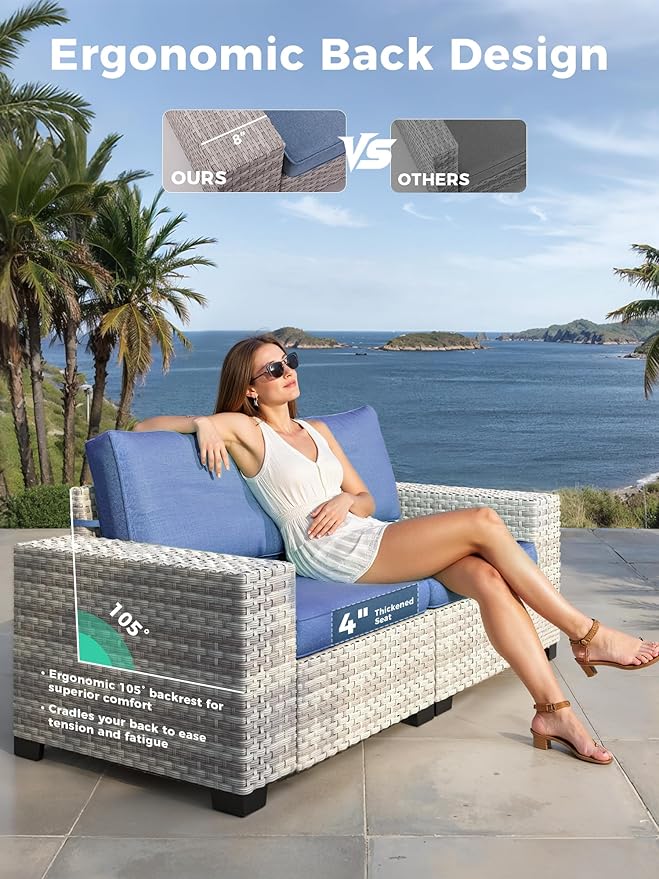 12 Piece Outdoor Wicker Rattan Sectional Sofa Set, 10-Seats Patio Furniture Conversation Set with 4" Thickened Cushions & Coffee Table, All-Weather PE Rattan for Garden, Backyard, Porch, Blue
