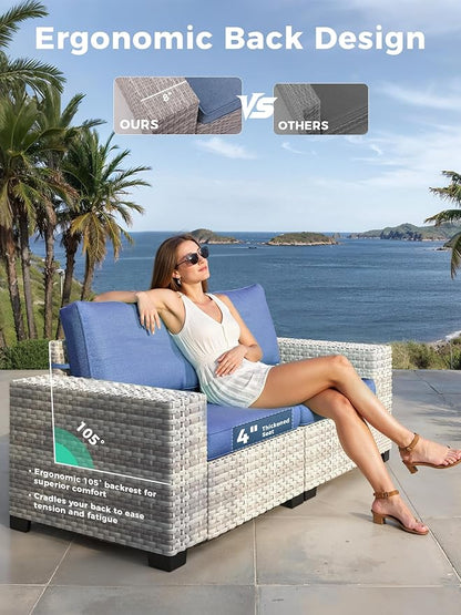 12 Piece Outdoor Wicker Rattan Sectional Sofa Set, 10-Seats Patio Furniture Conversation Set with 4" Thickened Cushions & Coffee Table, All-Weather PE Rattan for Garden, Backyard, Porch, Blue