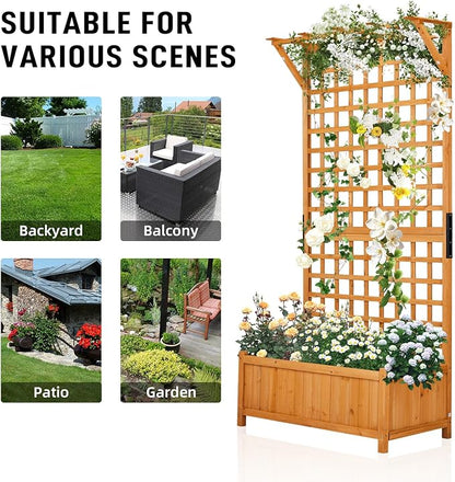 Outvita 72" H Outdoor Raised Garden Bed with Trellis & Roof, Wood Planter Box Equipped with Drainage for Vine Climbing Plants and Flowers Herbs in Balcony, Garden, Patio(Orange)