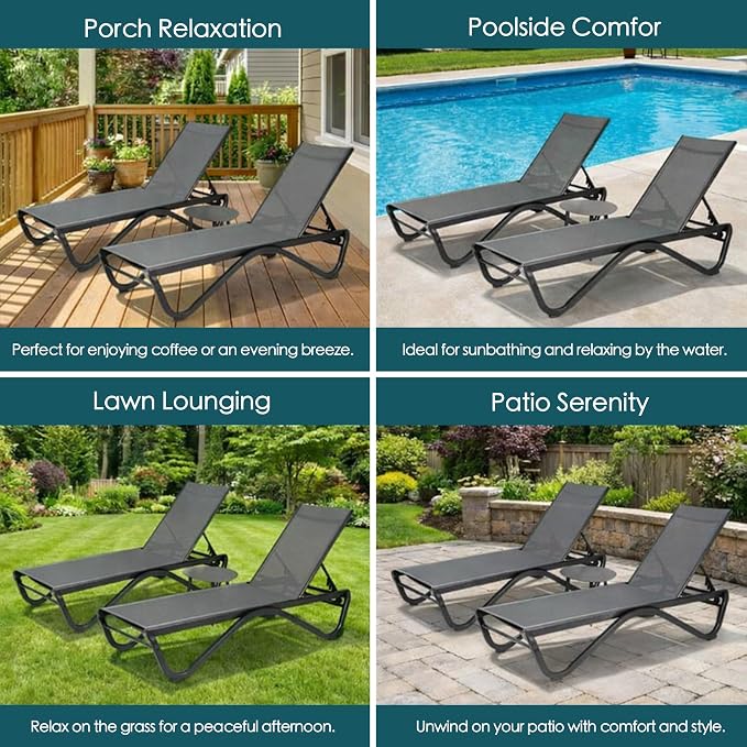 Kozyard Outdoor Chaise Lounge Chair, All Aluminum Frame and Textilene Fabric, Fully Flat Adjustable Reclining Patio Lounger for Poolside, Sunbathing & Backyard (Gray, 2Chairs)