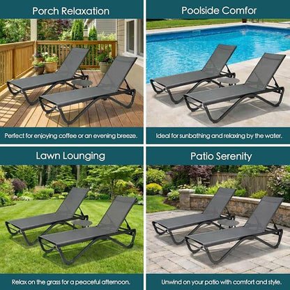 Kozyard Outdoor Chaise Lounge Chair, All Aluminum Frame and Textilene Fabric, Fully Flat Adjustable Reclining Patio Lounger for Poolside, Sunbathing & Backyard, Gray, 2Chairs + Table