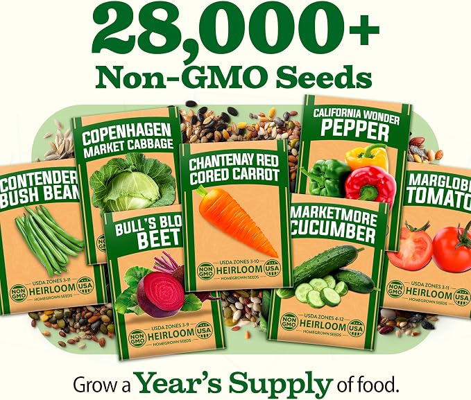 HOME GROWN 55 Variety Survival Seed Vault 28,000+ Heirloom Non-GMO Vegetable Seeds for Planting, High Germination, Emergency Food Supply,Year-Round Garden Starter Kit,Gift for Gardeners