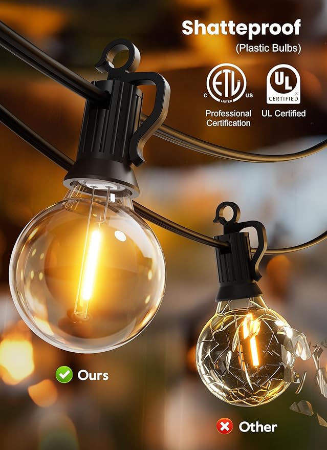 Brightown Outdoor String Lights, 50FT 25 G40 Bulbs Shatterproof Patio Lights, IP65 Waterproof Dimmable Hanging Connectable Globe LED Outdoor Lights for Backyard, Bistro, Porch, Deck, Balcony