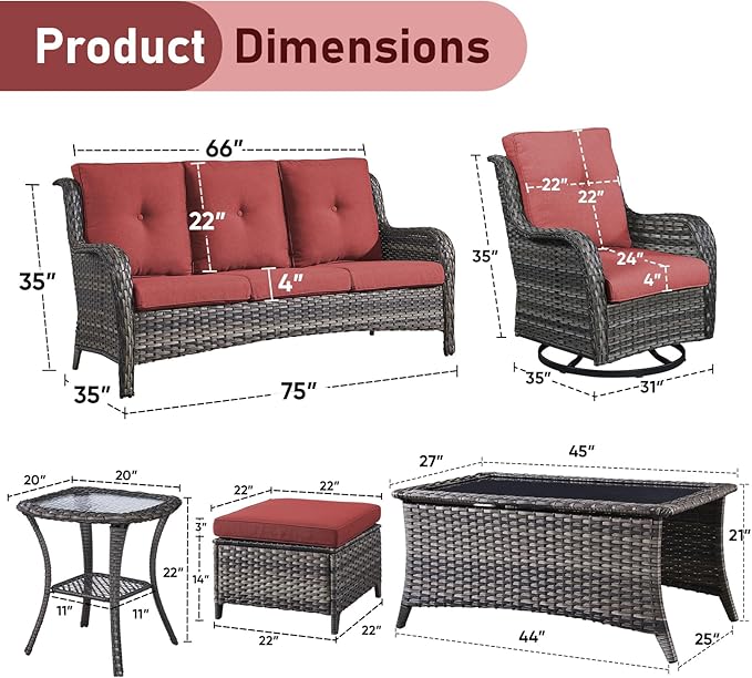 Wicker Patio Furniture-7 Pieces Rattan Patio Furniture Set Outdoor Patio Couch with Swivel Patio Chairs Ottomans and Coffee Table for Deck Poolside Backyard-Grey/Red