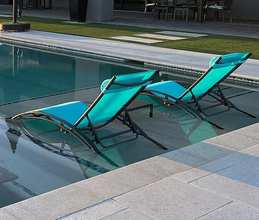 Purple Leaf Patio Chaise Lounge Set of 3 Outdoor Lounge Chair Beach Pool Sunbathing Lawn Lounger Recliner Chiar Outside Tanning Chairs with Arm for All Weather, Side Table Included, Turquoise Blue