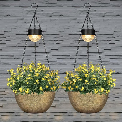 BAYN 2 Packs Solar Hanging Basket Planters for Plants Outdoor, Self Watering Copper Flower Plants Pots with Solar Light Drainer for Balcony Patio Garden Outdoor Decoration
