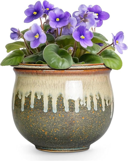Ceramic Self Watering Pots, 6 Inch African Violet Pots with Absorbent Inner Pot, Round Self Watering Planter, Planters for Indoor Plants, House Decor, Plant Lover Gifts, Yellowish Brown-Beige