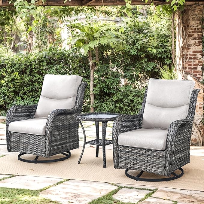 Patio Luxury Conversation Set 6PCS Resin Wicker Swivel Chairs Set, 4 Swivel Patio Chairs with Rattan Side Table and 30in Square Wicker Fire Table Set Grey Wicker|Beige Cushions
