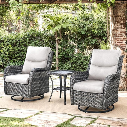 Patio Luxury Conversation Set 6PCS Resin Wicker Swivel Chairs Set, 4 Swivel Patio Chairs with Rattan Side Table and 30in Square Wicker Fire Table Set Grey Wicker|Beige Cushions