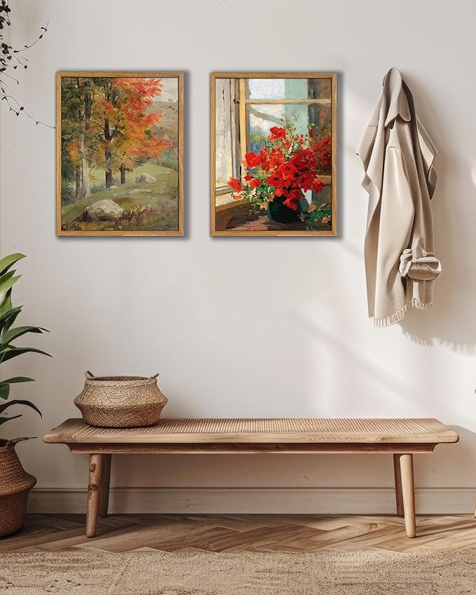 UPWOIGH 12x16 in Framed Wall Art, Red Poppies by the Window Oil Painting Canvas, Vintage Farmhouse Rustic Decor, Red Flowers Print, Antique Wall Decor for Living Room Bedroom, 1 Pack Gift