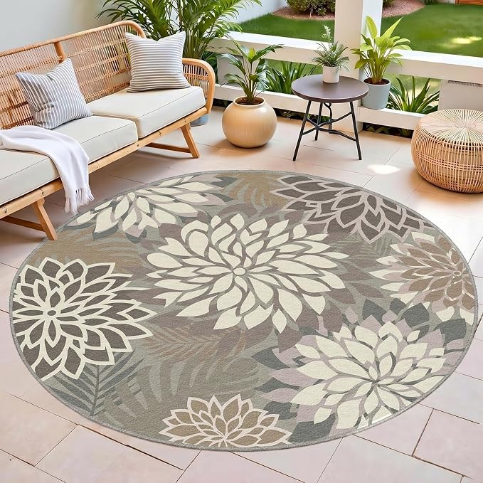 6x6 Outdoor Area Rug Washable Multicolored Patio Rug Tropical Botanical Floral Chenille Waterproof Outdoor Carpet for Living Room, Deck, Backyard, Porch, Taupe
