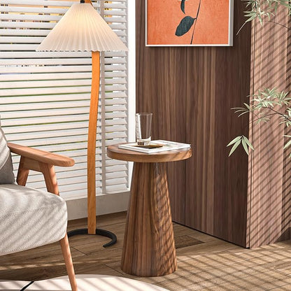 Small Round Pedestal Side Table, Wooden End Table for Living Room, Fluted Drink Table for Small Space, Modern Plant Stand Accent Table for Sofa Couch, 13.6 inch (Walnut)