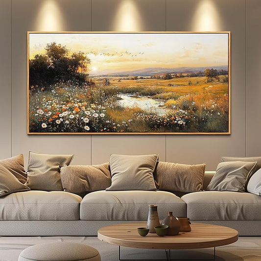 QIYILEXWART Large Wall Art For Living Room Canvas Wall Decor For Bedroom Office Decorations Prairie Puddle Landscape Painting Wall Pictures Modern Aesthetic Room Home Decor Artwork Wood Framed