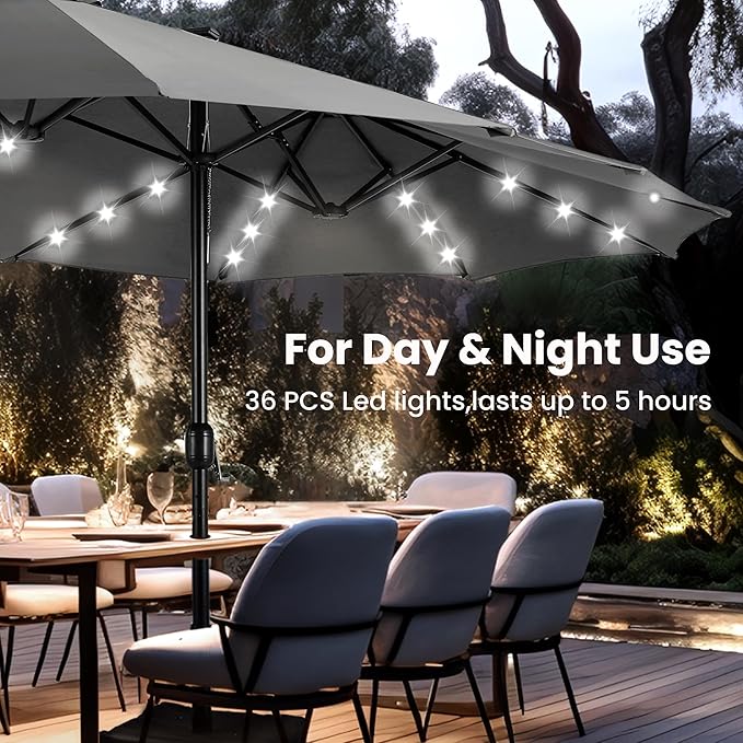 PHI VILLA 15ft Large Patio Umbrella with Solar Lights, Double-Sided Outdoor Market Rectangle Umbrellas with 36 LED Lights, Umbrella Base (Stand) Included, Light Grey