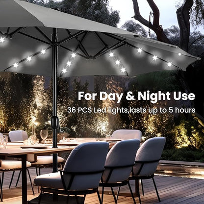 PHI VILLA 15ft Large Patio Umbrella with Solar Lights, Double-Sided Outdoor Market Rectangle Umbrellas with 36 LED Lights, Umbrella Base (Stand) Included, Light Grey