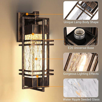 Water Ripple Wall Lantern, Outdoor Front Porch Light Fixtures Wall Mount,2 Pack Gold-Brushed Black Exterior Lighting Fixtures, Waterproof Wall Sconce Lights, Lantern Lamp for Garage(Bulb Included)