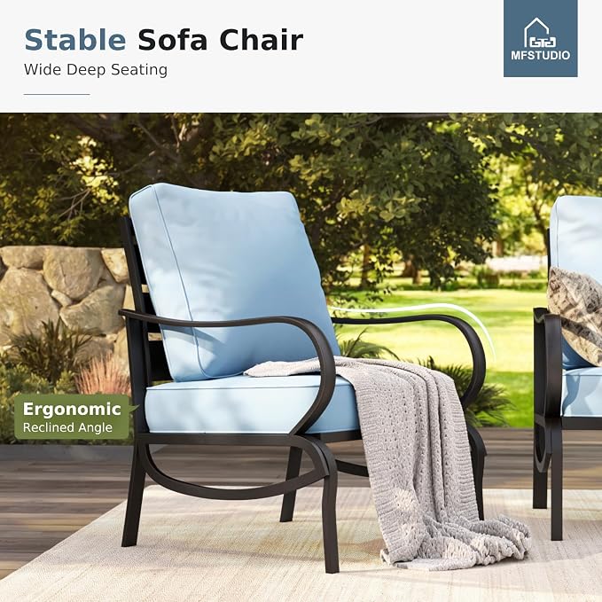 MFSTUDIO 4 Pieces Patio Conversation Sets(5 Seat),Outdoor Metal Furniture Sofas with 1 Loveseat(3 Seat), 2 Single Chairs,1 Coffee Table,Wrought Iron with Blue Cushion for Patio Courtyard Balcony