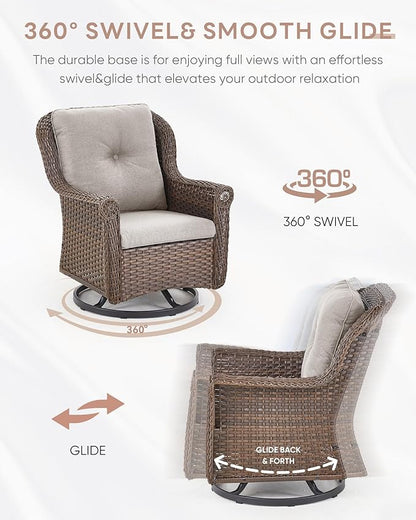 Outdoor Patio Swivel Gliders with Fire Pit Table 5 Piece Set - High Back Brown Wicker Rattan Rocking Chair with Thick Cushion for Porch Apartment Deck Yard Poolside Garden - Beige