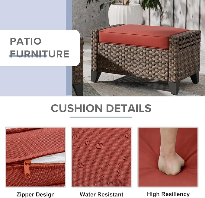 COOS BAY Modern Wicker Outdoor Furniture Set, Patio Conversation Set with 3 Seat Couch, and Ottomans, 3 Piece, Brown/Red