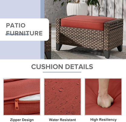 COOS BAY Modern Wicker Outdoor Furniture Set, Patio Conversation Set with 3 Seat Couch, and Ottomans, 3 Piece, Brown/Red