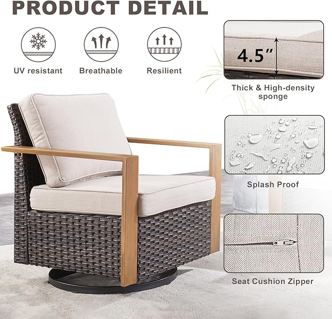 Rilyson Outdoor Wicker Patio Furniture Set - 6 Piece Patio Conversation Set with 2 Wicker Swivel Rocker Chairs,2 Rattan Ottoman,1 Side Table and 1 Couch,Thick Cushions,Deep Seating(Brown/Beige)