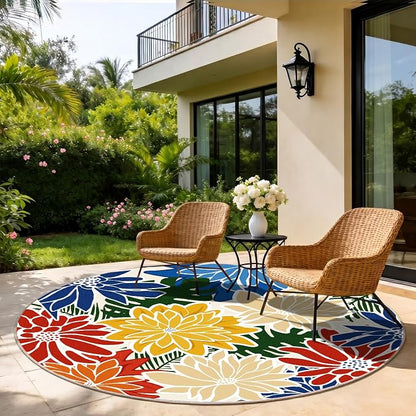 ZonLi Colorful Outdoor Rug 6x6Ft Waterproof Multicolored Indoor Area Rug Washable Outdoor Patio Rugs Tropical Floral Non Slip Outdoor Carpet for Living Room, Pool,Backyard,Deck,Camping
