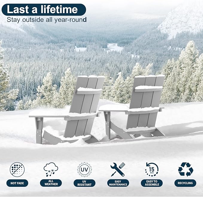 MXIMU Modern Adirondack Chairs Set of 4 Weather Resistant with Cup Holder Oversize Plastic Fire Pit Chairs Plastic Outdoor Chairs for Firepit Area Seating (Grey)