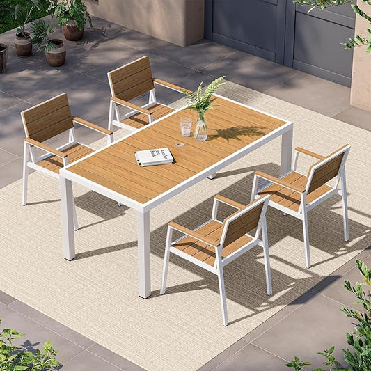Outdoor Dining Set, Patio Table and Chairs of 4, Aluminum Outdoor Furniture Set with Umbrella Hole, HDPS Patio Dining Table Set for 4 (White-Teak)