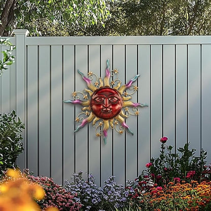 TERESA'S COLLECTIONS Outdoor Sun Metal Wall Art for Outdoor Decor,21" Red Sun Face 3D Wall Decor for Garden Decor,Rustic Retro Hanging Sculpture for Outside indoor Home Patio Farmhouse Gifts for Mom