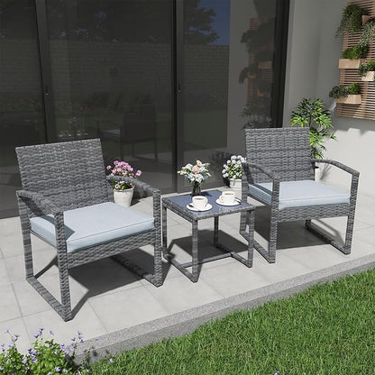 Patiorama Outdoor Patio Furniture - Wicker Conversation Set with Modern Bistro Design, Coffee Table, Perfect for Garden, Balcony, Backyard or Poolside (Light Gray)