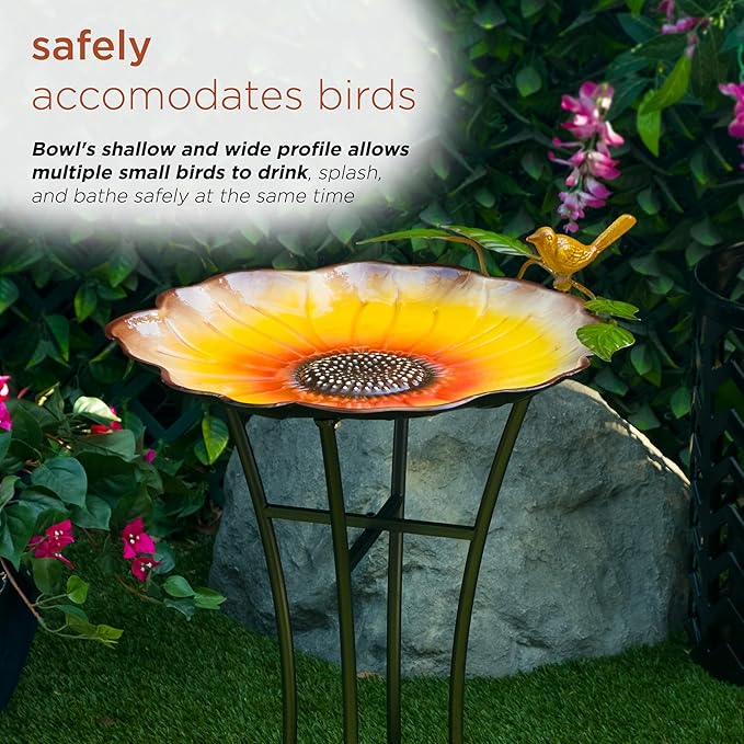 Alpine Corporation ORS882 Outdoor Metal Birdbath w/ Stylish Stand, Sunflower Birdbath Bowl and Stand Set, 29"H, Yellow/Green