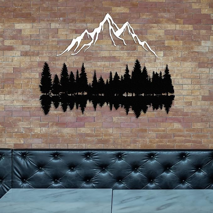 Mountain and Forest Lake Reflection Metal Wall Art, Nature-Inspired Silhouette Decor for Living Room, Bedroom or Office, Large Outdoor Wall Decor, Nature Christmas Décor (White, 56x41 inches)