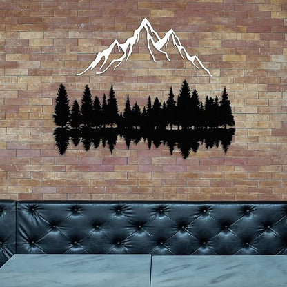 Mountain and Forest Lake Reflection Metal Wall Art, Nature-Inspired Silhouette Decor for Living Room, Bedroom or Office, Large Outdoor Wall Decor, Nature Christmas Décor (White, 56x41 inches)