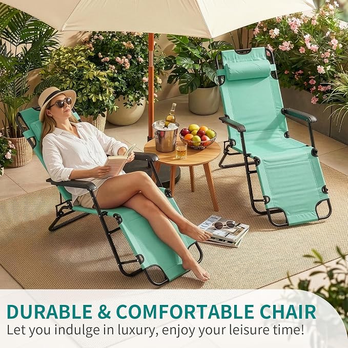 Outvita Folding Chaise Lounge Chair, Outdoor Adjustable Recliner Chair with Pillow for Camping, Beach, Poolside, Garden, Backyard, Lawn