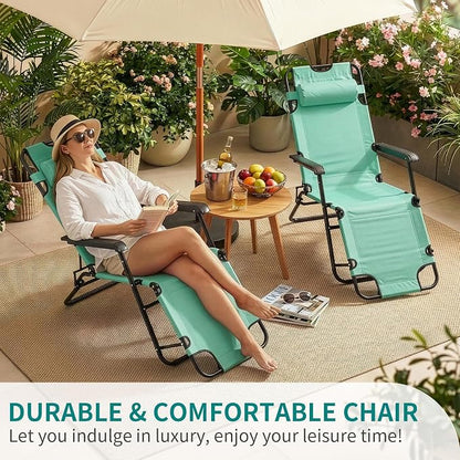 Outvita Folding Chaise Lounge Chair, Outdoor Adjustable Recliner Chair with Pillow for Camping, Beach, Poolside, Garden, Backyard, Lawn