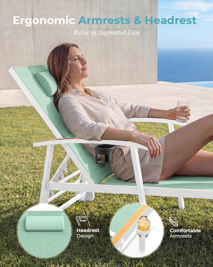 Ciokea Outdoor Lounge Chair with Pillow Set of 4, 5-Position Chaise Lounge with Wheels & Armrests, 400 lbs Heavy Duty Aluminum Pool Lounge Chairs, for Beach, Deck, Poolside & Backyard, Light Green