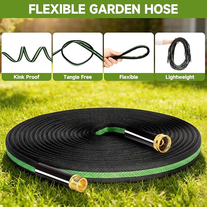 Garden Hose 50ft Flexible Non-Expandable Water Hose Kink-Free Lightweight Leak-Proof High Pressure Durable Outdoor Portable Fabric Hoses Pipe with 3/4” Sturdy Fittings for Yard Lawn Car Wash
