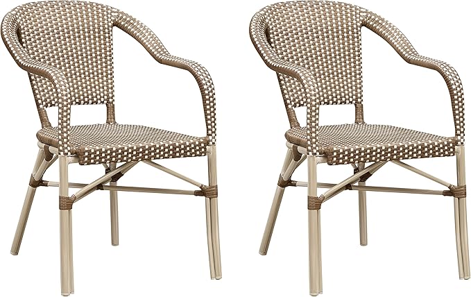 PURPLE LEAF Dining Chair Set of 2 Outdoor French Bistro Chairs Hand-Woven Aluminum Wicker Rattan Armchair for Garden Kitchen Backyard Porch White Print Finish Patio Chairs Brown