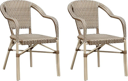 PURPLE LEAF Dining Chair Set of 2 Outdoor French Bistro Chairs Hand-Woven Aluminum Wicker Rattan Armchair for Garden Kitchen Backyard Porch White Print Finish Patio Chairs Brown