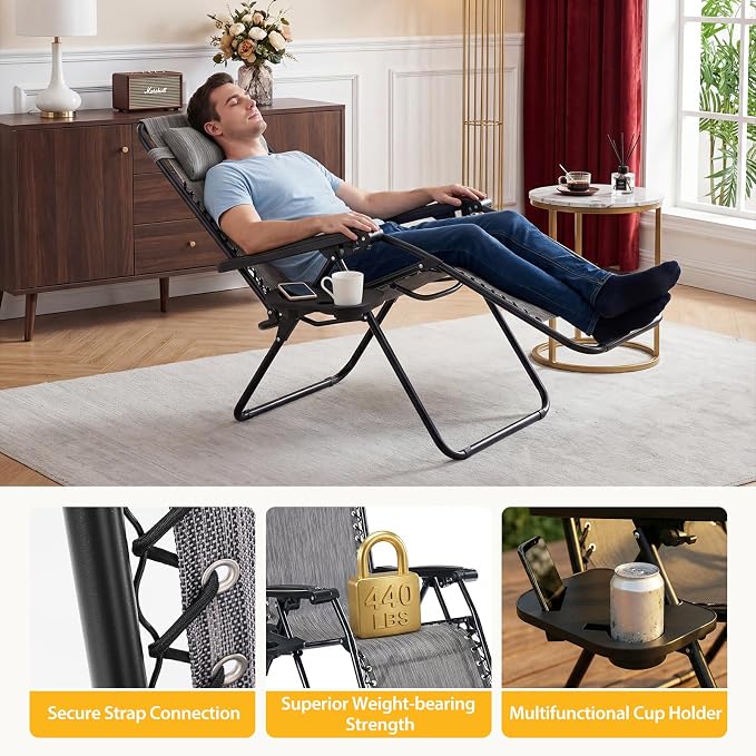 NEWBULIG Zero Gravity Chairs Set of 2, Lounge Chair Folding Portable Adjustable Camping Recliner with Adjustable Pollow, Mesh Back, Cup Holder Trays Lawn Patio Chair for Pool Beach