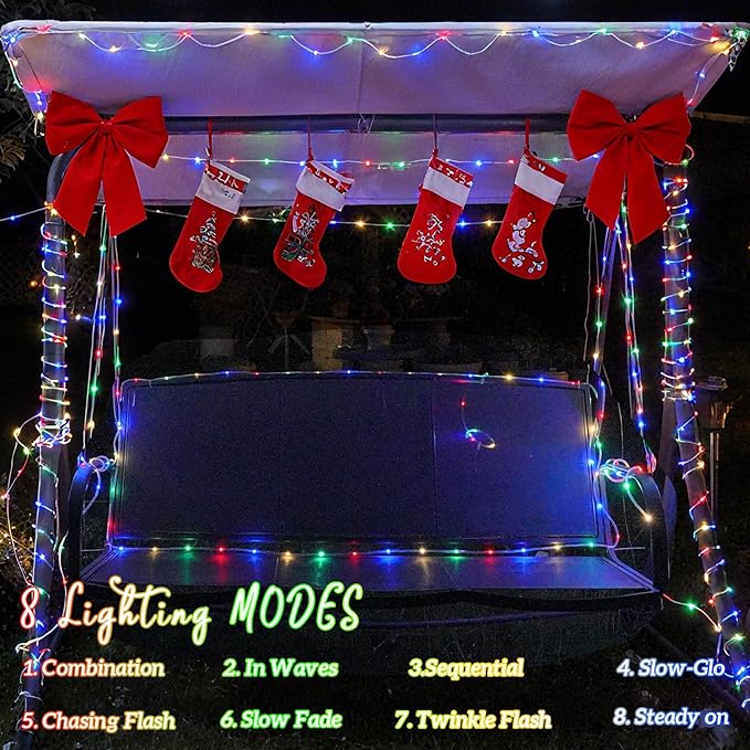 YEGUO Solar Christmas Lights Outdoor Waterproof, 2 Packs Each 33ft 100 LED Rope Lights, 8 Modes Fairy String Lights in Clear Thin Tube for Camping Fence Patio Garden Trampoline Deck(Multicolor)