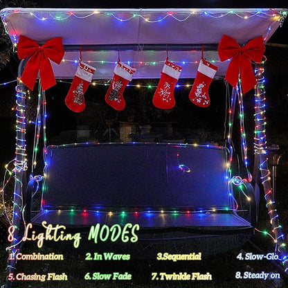 YEGUO Solar Christmas Lights Outdoor Waterproof, 2 Packs Each 33ft 100 LED Rope Lights, 8 Modes Fairy String Lights in Clear Thin Tube for Camping Fence Patio Garden Trampoline Deck(Multicolor)